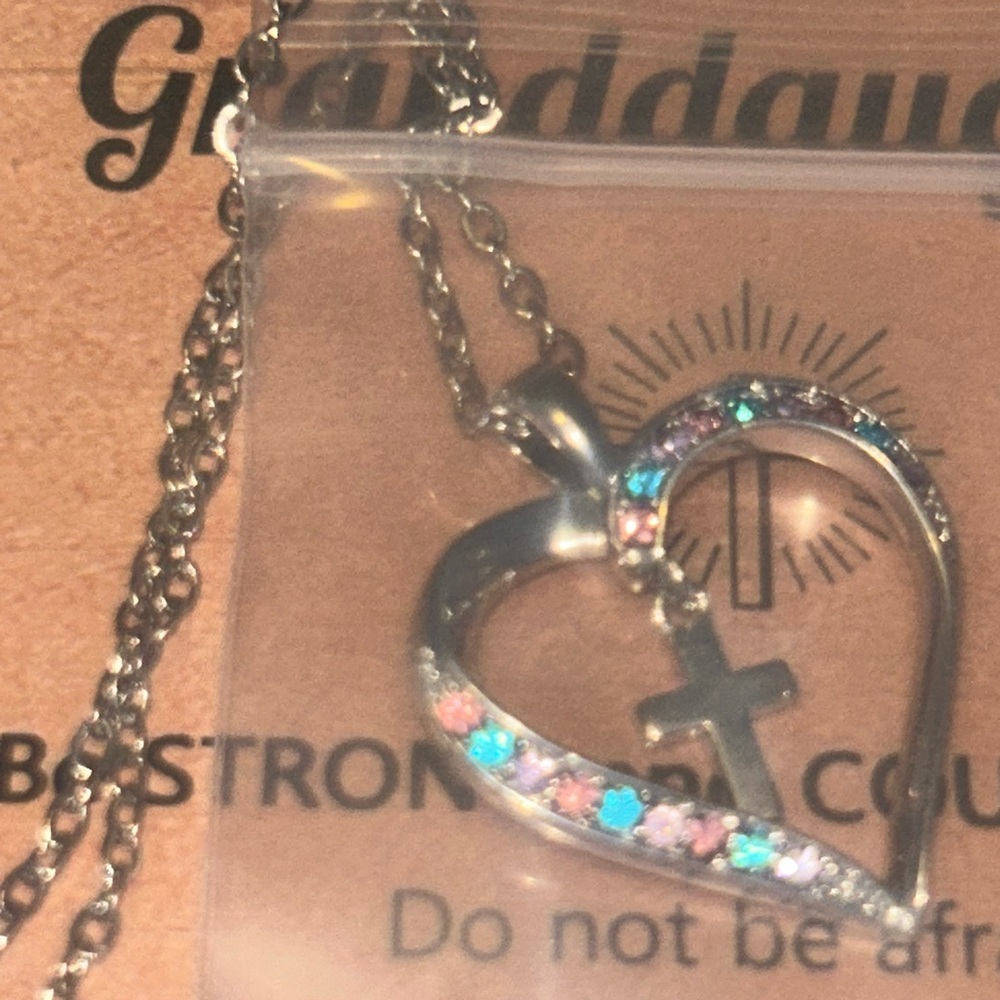 Heart Pendant Necklace with Cross and Multicolor Stones - granddaughter